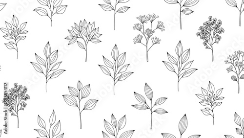 Minimalist botanical seamless pattern with black and white hand drawn sketches of various leaves and floral branches on a white background.