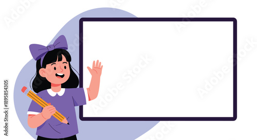 A happy schoolgirl with a big purple bow holding a pencil and waving next to a large blank whiteboard for a presentation.