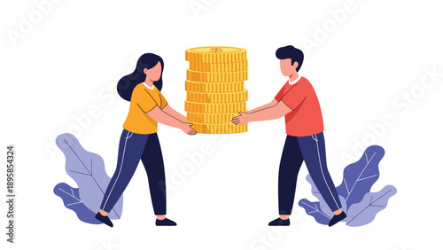 Financial partnership illustration showing a man and a woman together carrying a tall stack of gold coins representing shared savings goals.