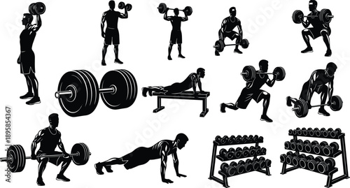 Fitness And Bodybuilding Silhouette Set Featuring Men Lifting Barbells Dumbbells Performing Pushups Squats And Weight Racks For Gym Workout Exercise And Strength Training Illustrations
