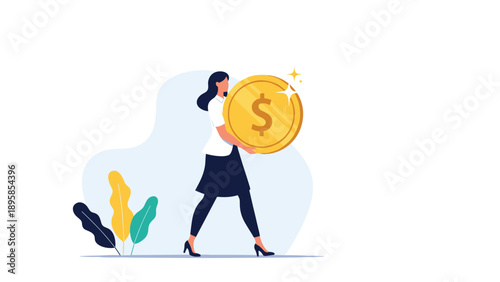 Career success concept showing a professional woman carrying a giant gold dollar coin representing financial achievement and high earnings.