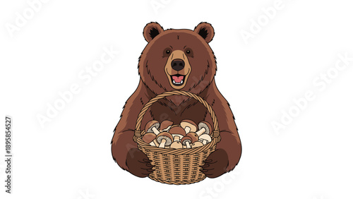 Friendly brown bear holding a large wicker basket filled with various fresh forest mushrooms on a simple white background.