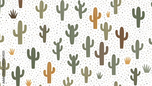 Desert landscape seamless pattern with various hand drawn cacti and succulents in green and orange tones on a white dotted background.