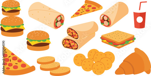 Flat Fast Food Icon Set With Burgers Pizza Wraps Sandwiches Snacks And Soft Drink In Bright Color Style Isolated On White Background