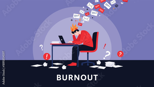 Mental health and workplace burnout concept showing a stressed office worker overwhelmed by a massive stream of digital emails at a desk.