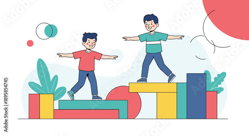 Two happy boys are playing together balancing as they walk across a series of large colorful blocks in a park or playground.