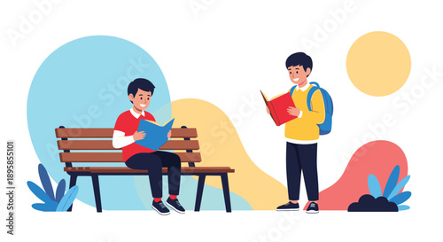 Two young boys reading books in a park one sitting on a bench and the other standing with a backpack on a sunny day outdoors.