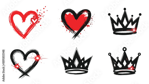 Artistic collection of hand drawn hearts and crowns in black and red with messy paint splatters and glowing highlights.