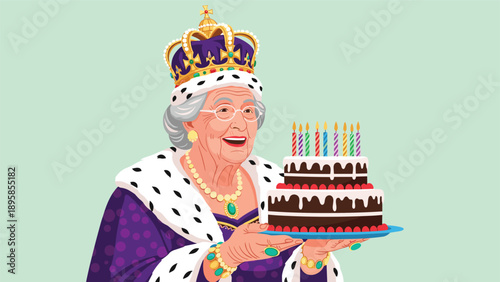 Smiling elderly queen wearing a purple royal gown and a sparkling crown holds a multi-layered chocolate birthday cake with lit candles.