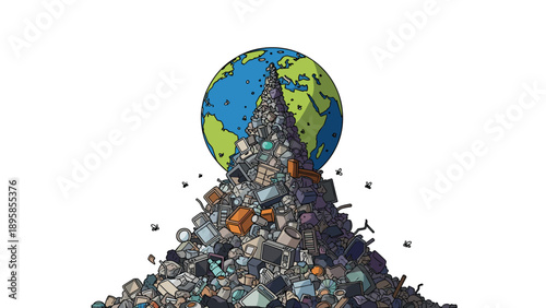 Planet earth sits precariously on top of a massive growing mountain of electronic waste and garbage against a white background.
