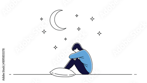 Sad person sitting alone at night under a crescent moon and stars feeling lonely or depressed in a simple line art style.