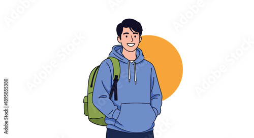 A handsome and friendly young male student with a backpack smiling and standing with his hands in the pockets of his blue hoodie.