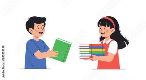 A young boy is giving a book to a girl who is already holding a large stack of colorful books as part of a book exchange or donation.