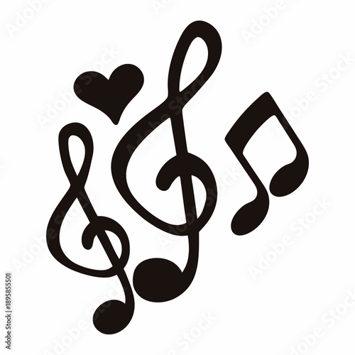 Musical love heart with treble clef and notes on white background