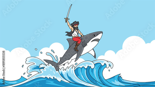 Fearless pirate captain with a sword raised high rides a great white shark through crashing ocean waves under a blue sky.