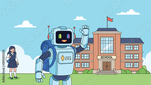 Friendly blue robot with a backpack waves hello in front of a school building while a student walks in the background.