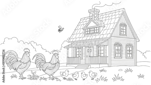 Detailed coloring page of a classic farmhouse with a front porch, smoking chimney, and chickens roaming in the yard.