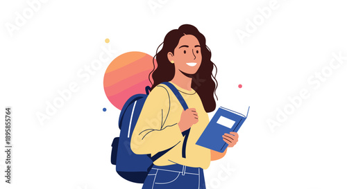 A happy and confident young female student with a backpack is walking and reading a book against a modern abstract background.