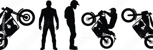 Motorcycle rider stunt silhouette vector illustration biker wheelie extreme sport motorbike action racing black white collection design set bundle