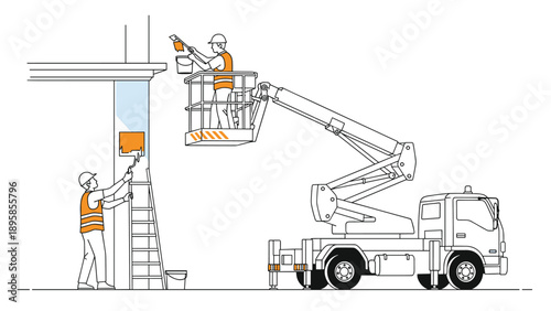 Professional construction workers use a ladder and a cherry picker truck to paint the exterior of a white modern building.