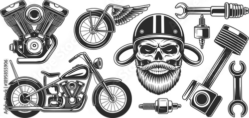 Motorcycle skull mechanic tools vector illustration biker engine chopper parts vintage garage emblem black white design collection set