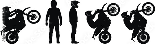 Motorcycle stunt rider silhouettes vector illustration biker wheelie extreme sport motorbike action racing black white collection design bundle set