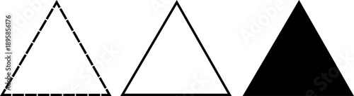 Minimalist isosceles triangle shape variations in black and white. Symmetrical geometric icons with dashed, outline, and solid styles for education, math, UI design, and modern graphics.