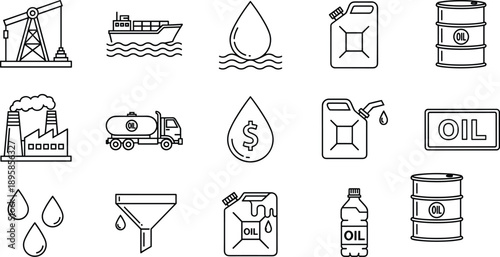oil, petroleum, energy, fuel, industry, refinery, barrel, gasoline, transport, tanker, pumpjack, factory, jerrycan, production, drilling, logistics, shipping, power, resource, vector, outline, icons