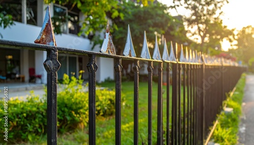 Wallpaper Mural Black iron fence with spiked tops, blurred building behind it, greens in the foreground, and sunset Torontodigital.ca