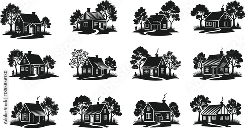 Rustic countryside cottage silhouette, charming village homes, black white illustration, rural landscape, cozy house collection, nature trees, vintage style, real estate design