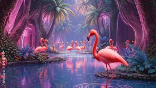 Flamingo House Party Pink Neon Jungle Music Dance Fun 3D Render Animation Tropical Summer Bird Animal Character