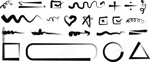 A collection of 25 unique black line art shapes and symbols on a white background