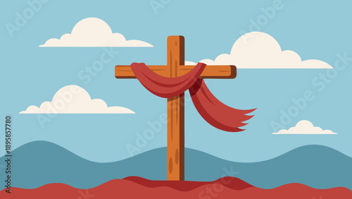Vibrant cross with red drapery against a serene landscape Vector