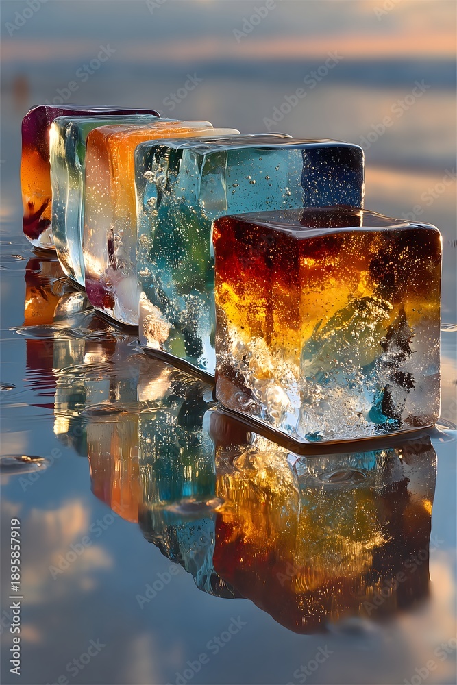 Fototapeta premium A rainbow of ice cubes in a row, reflecting the sky and all the feels of a cool, colorful summer day