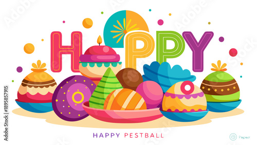 Celebratory easter greetings with colorful eggs and pastries Vector
