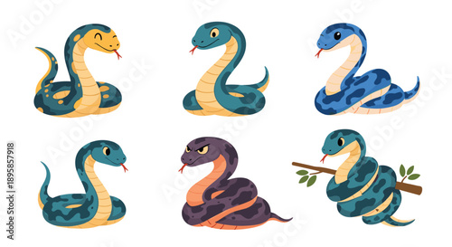 Collection of six different cartoon snakes in various colors and patterns shows different moods and poses.