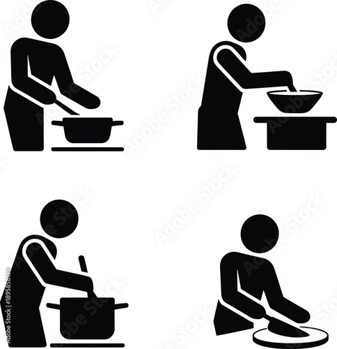 Four black and white pictograms show people engaged in various food preparation activities