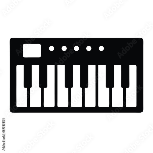 Stylized keyboard instrument illustration, showcasing black silhouette with white keys and control interface