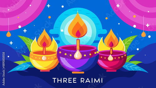 Celebrating the festive light: three radiant diya lamps Vector