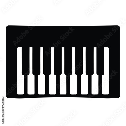 Isolated black and white image of a small, stylized piano keyboard