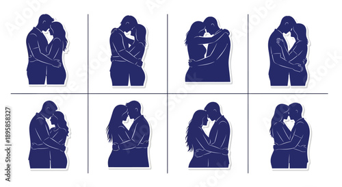 Silhouetted couples embracing in various poses displayed in a grid layout