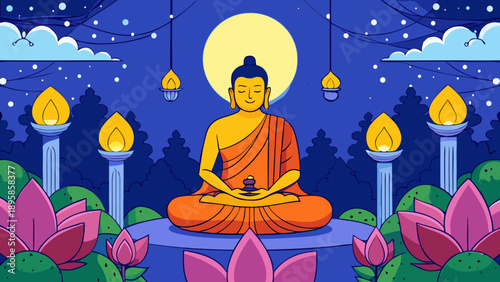 Serene meditation of the enlightened buddha amidst a celestial garden Vector