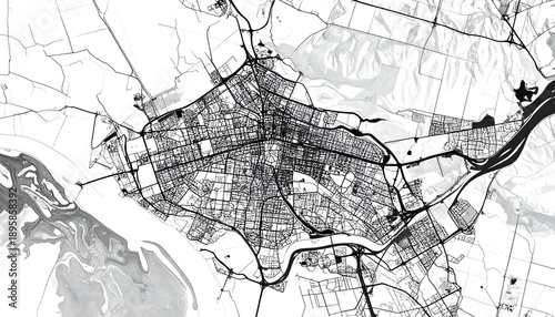 Black-and-white map depicting a sprawling city and river system against a mountainous backdrop