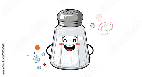 Happy cartoon glass salt shaker with a smiling face is surrounded by falling salt crystals on white background.
