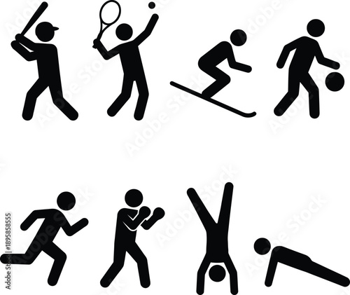 Collection of black silhouettes depicting various sports and fitness activities including baseball, tennis, soccer, and stretching exercises on a white background.
