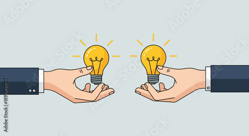 Two hands exchanging lightbulb ideas in a collaborative gesture