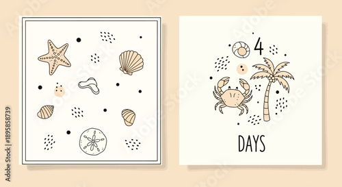 Illustrated beach scene with starfish, seashells, and crab on white cards against a soft peach background