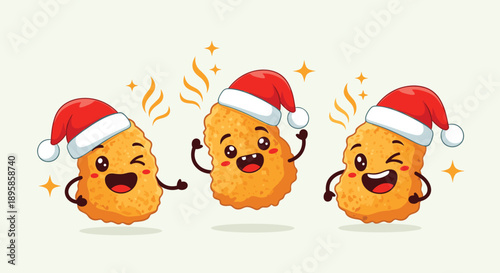 Three cute cartoon chicken nuggets celebrate Christmas wearing festive red Santa hats while smiling and winking joyfully on a plain background.