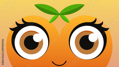 Whimsical orange character with large eyes and green leaf Vector