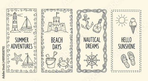 Collection of Vintage Summer-themed Illustrations Featuring Nautical Elements and Beach Scenes